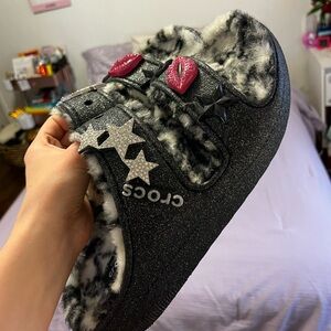 Black & silver glitter croc sandals with original charms